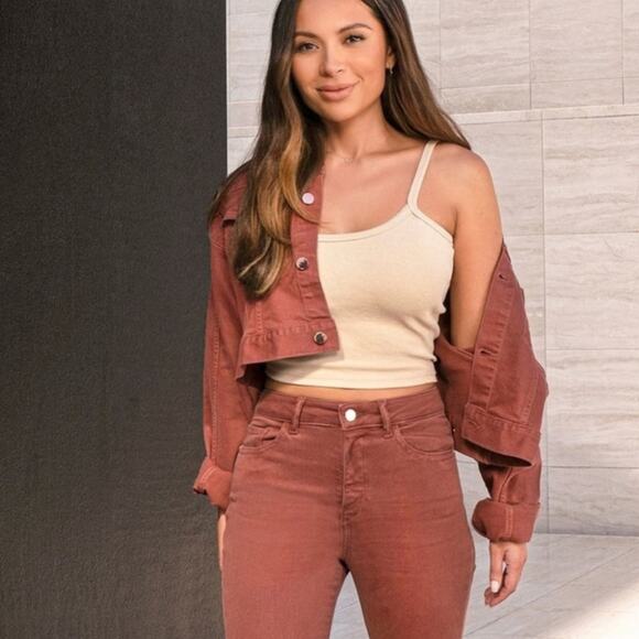 XS DL1961 X Marianna Hewitt brown denim cropped jean jacket, rose gold buttons - Picture 1 of 6